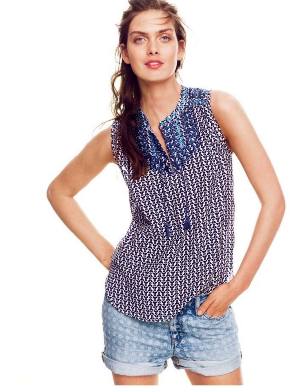 J. Crew Navy and White Sleeveless Printed Tassel Top